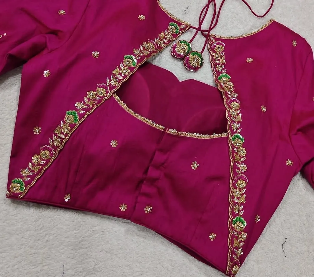 Rani Pink Silk Saree Blouse with Maggam Work | Jacket Cut Back Neck & Scalloped Sleeves