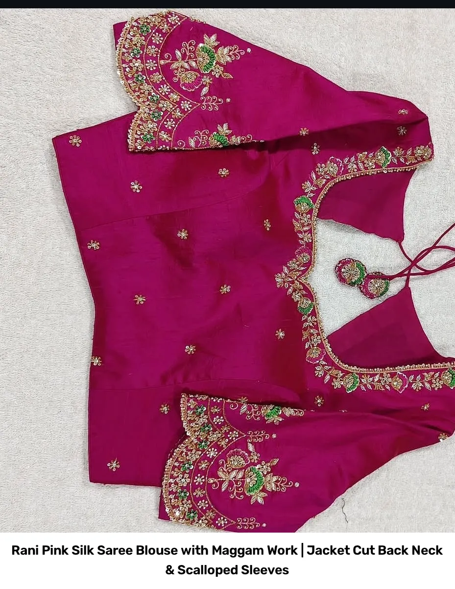 Rani Pink Silk Saree Blouse with Maggam Work | Jacket Cut Back Neck & Scalloped Sleeves 3