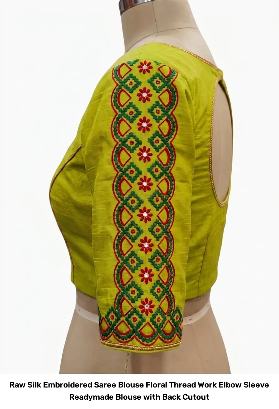 Raw Silk Embroidered Saree Blouse – Floral Thread Work Elbow Sleeve Readymade Blouse with Back Cutout 3