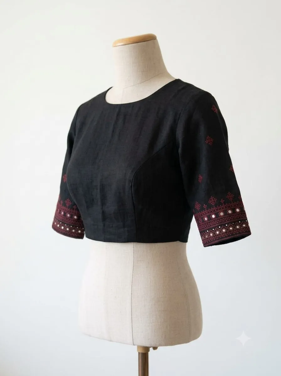 Raw Silk Kutch Work Saree Blouse with Mirror Work Border & Ethnic Buttis | Elegant Boat Neck Handcrafted Designer Blouse
