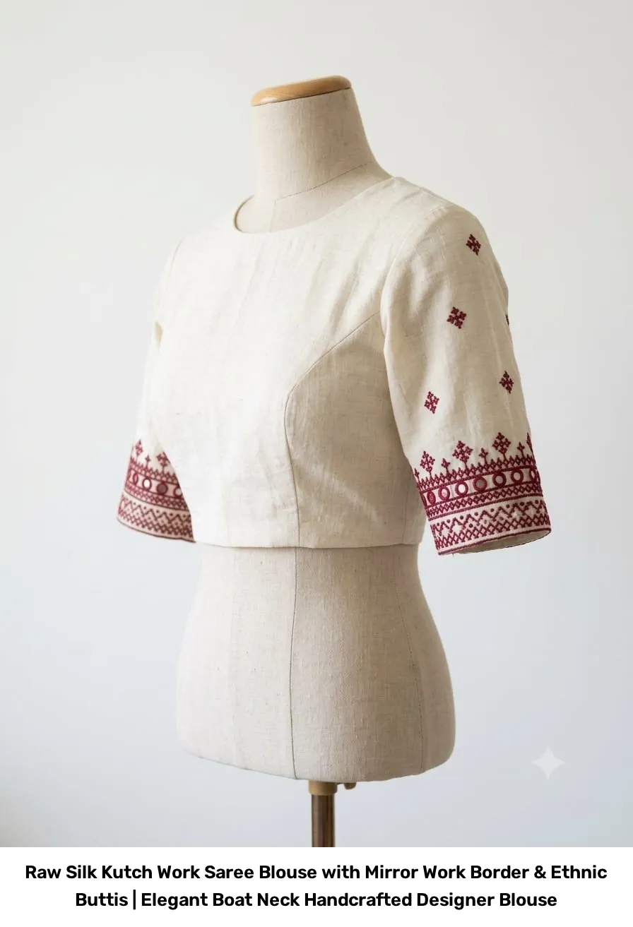 Raw Silk Kutch Work Saree Blouse with Mirror Work Border & Ethnic Buttis | Elegant Boat Neck Handcrafted Designer Blouse 2
