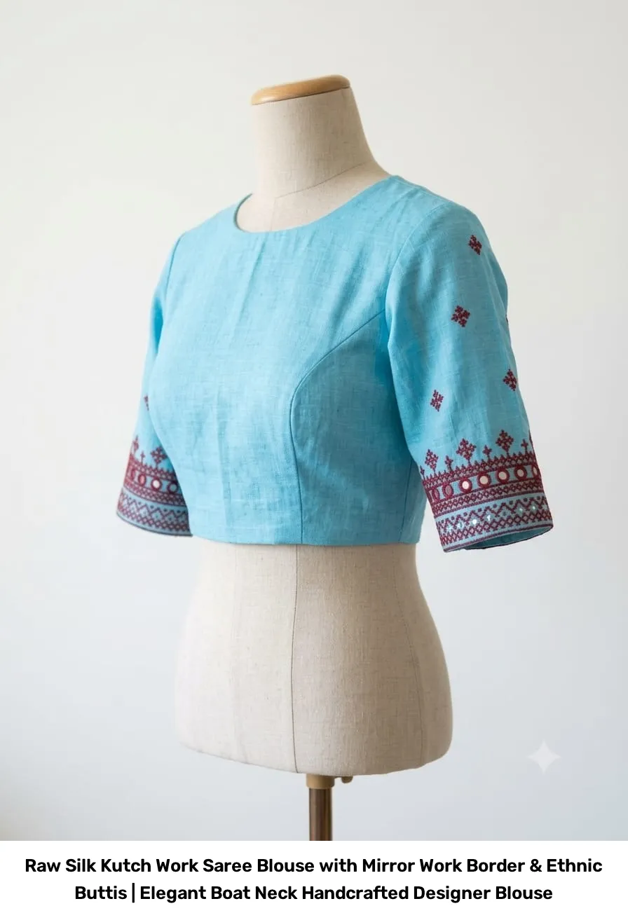 Raw Silk Kutch Work Saree Blouse with Mirror Work Border & Ethnic Buttis | Elegant Boat Neck Handcrafted Designer Blouse 3