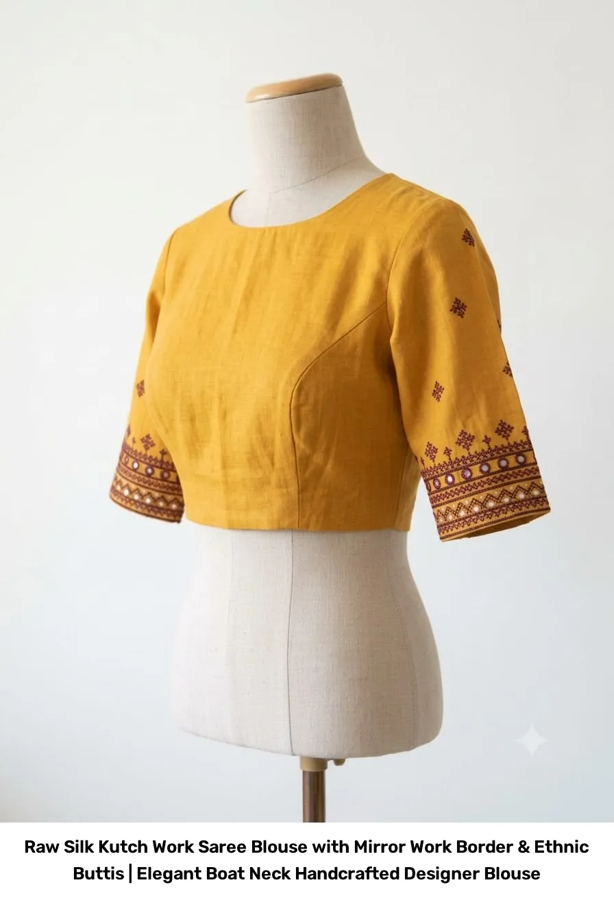 Raw Silk Kutch Work Saree Blouse with Mirror Work Border & Ethnic Buttis | Elegant Boat Neck Handcrafted Designer Blouse 4