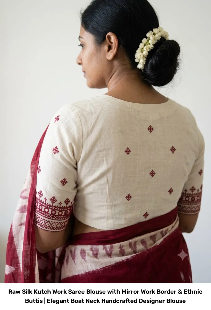 Raw Silk Kutch Work Saree Blouse with Mirror Work Border & Ethnic Buttis | Elegant Boat Neck Handcrafted Designer Blouse 5