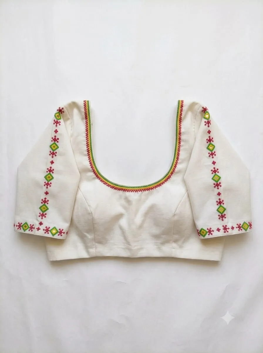 Raw Silk Kutch Work Saree Blouse with Sleek Mirror Borders & Dori Back | Elegant Round Neck Readymade Blouse