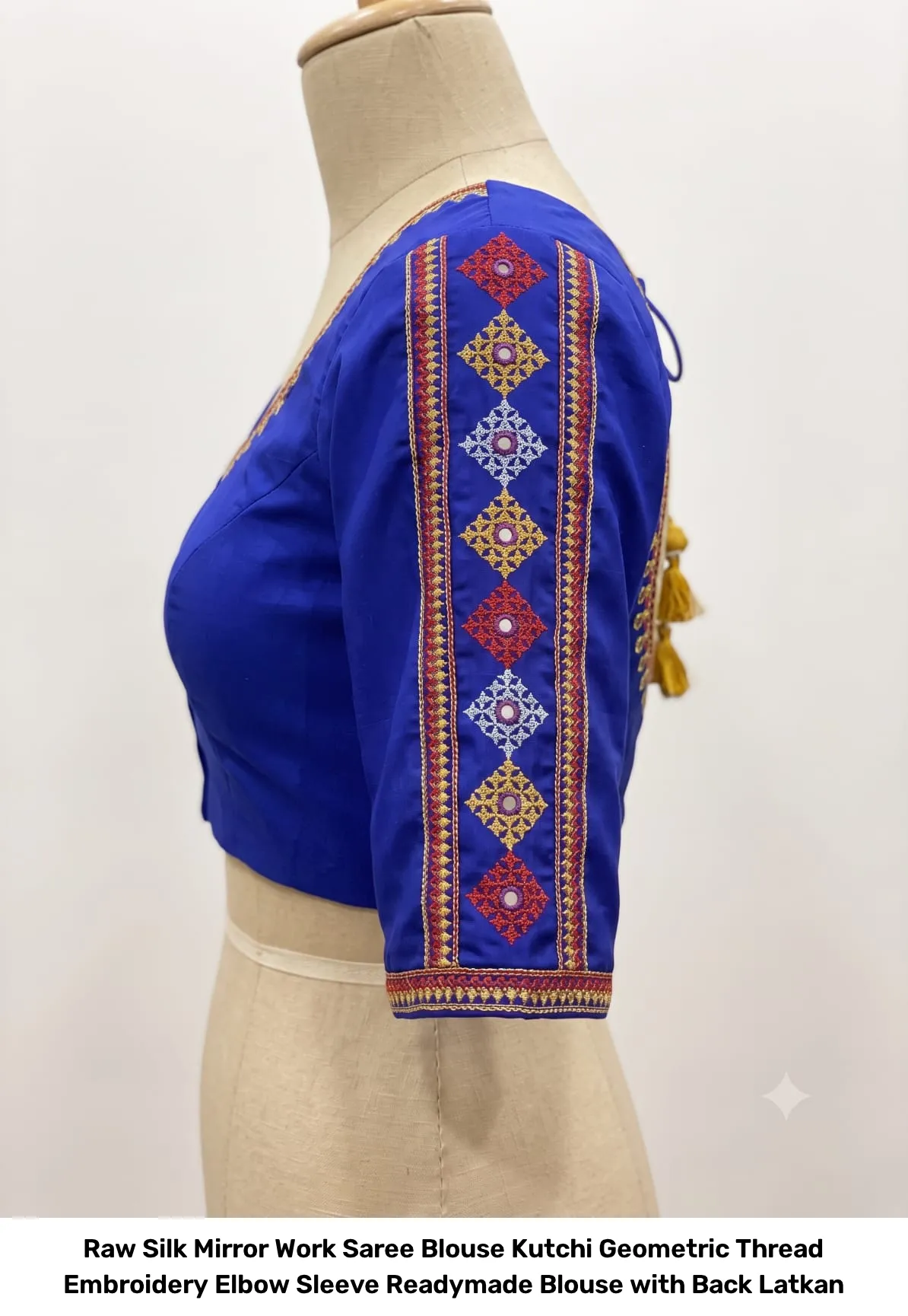 Raw Silk Mirror Work Saree Blouse – Kutchi Geometric Thread Embroidery Elbow Sleeve Readymade Blouse with Back Latkan 3