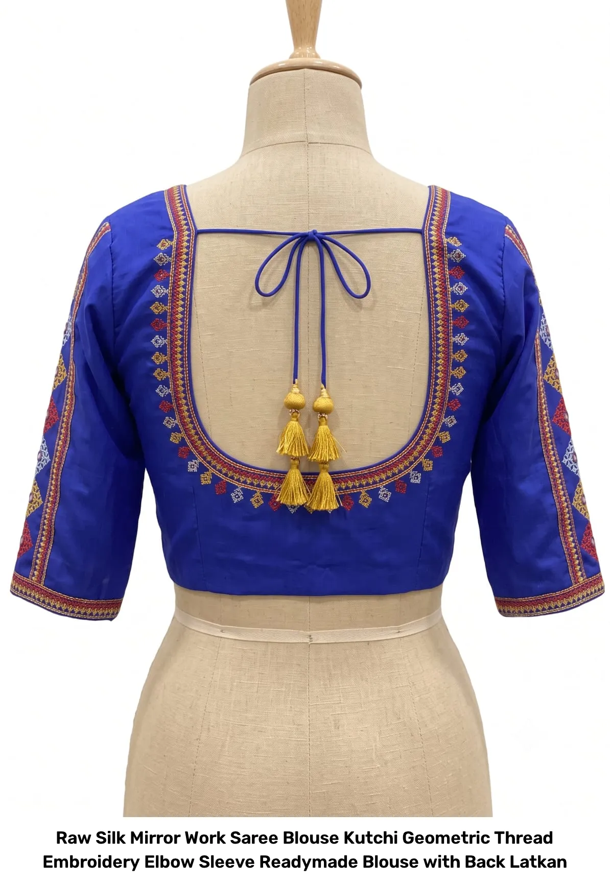 Raw Silk Mirror Work Saree Blouse – Kutchi Geometric Thread Embroidery Elbow Sleeve Readymade Blouse with Back Latkan 5