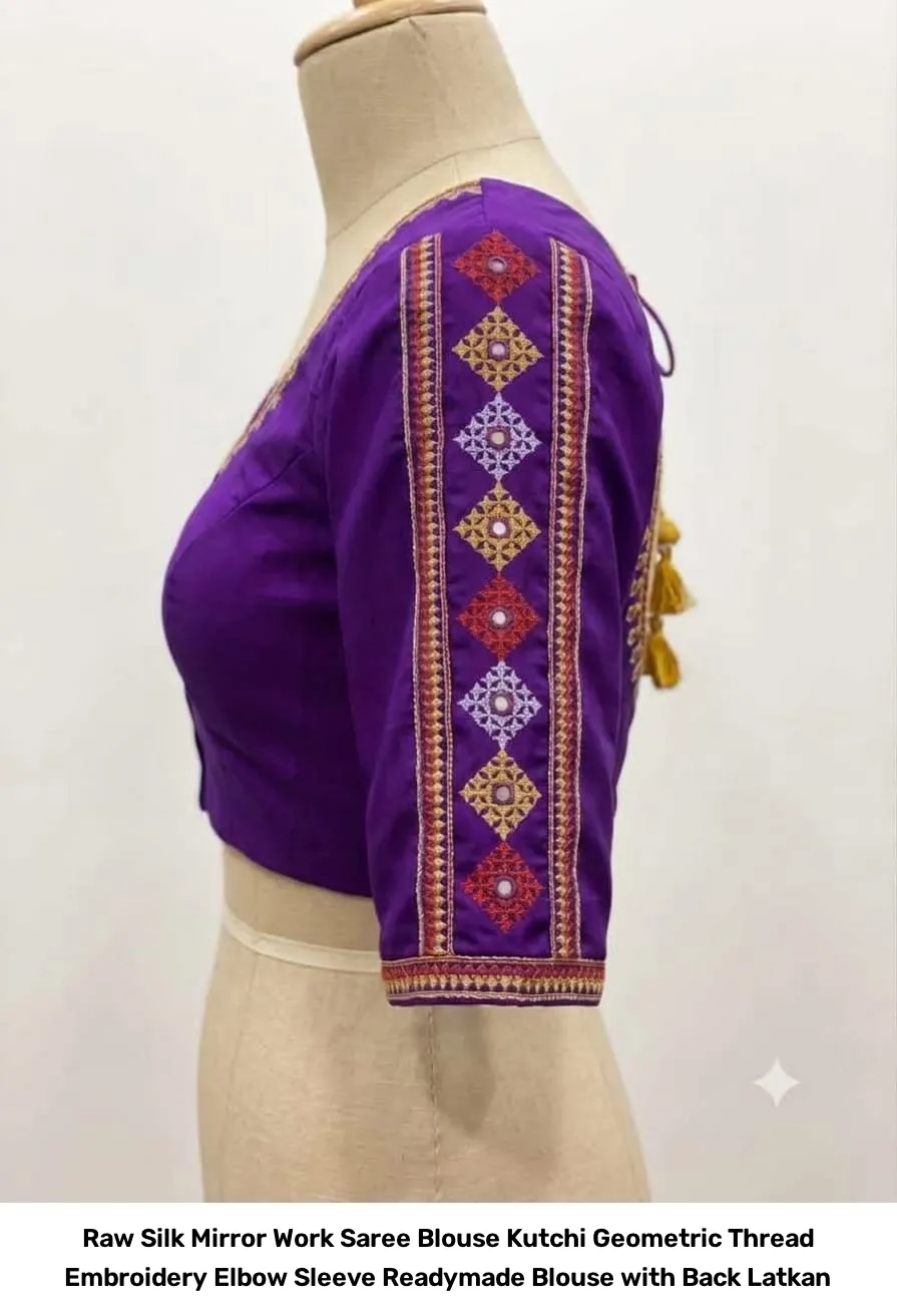 Raw Silk Mirror Work Saree Blouse – Kutchi Geometric Thread Embroidery Elbow Sleeve Readymade Blouse with Back Latkan 7