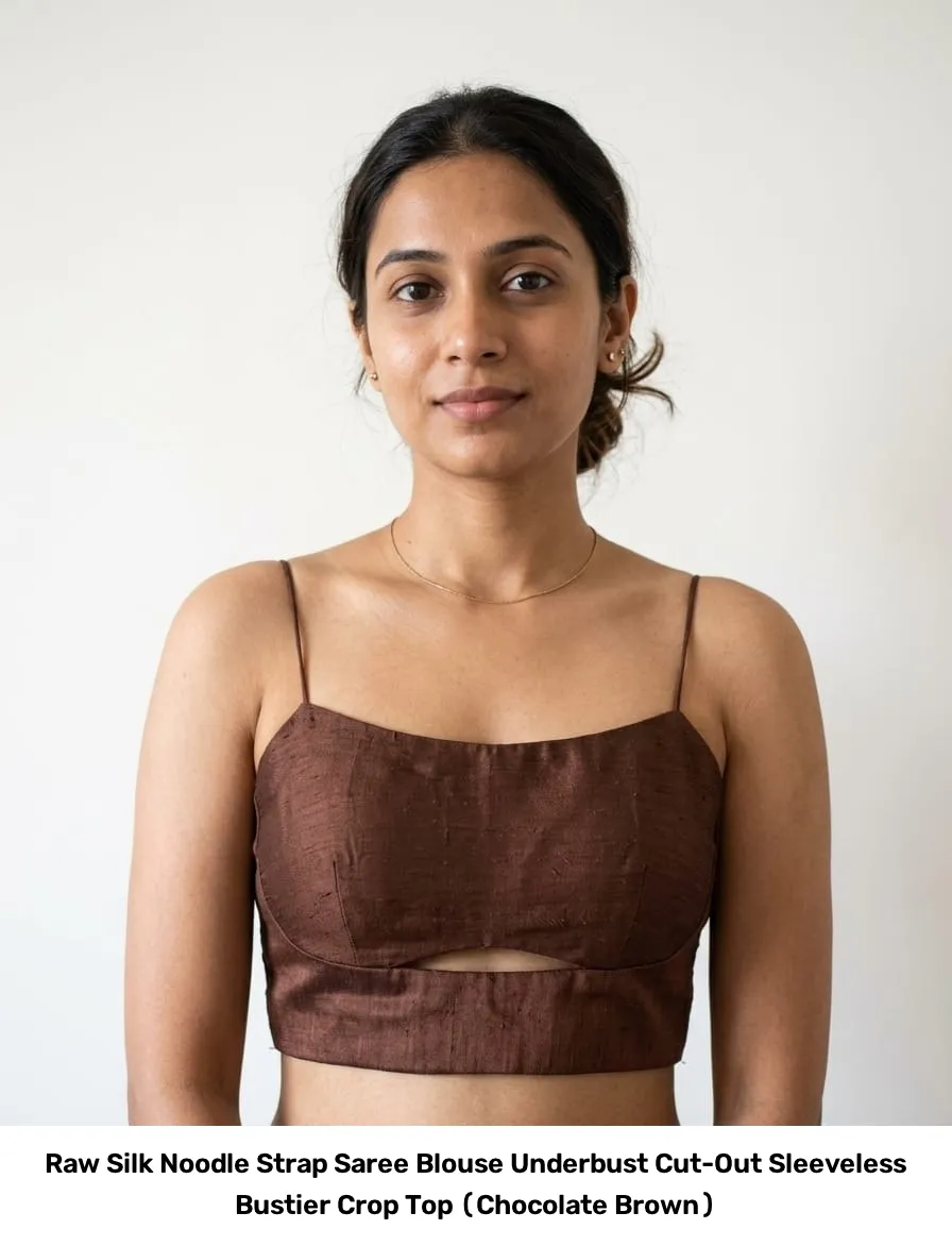 Raw Silk Noodle Strap Saree Blouse – Underbust Cut-Out Sleeveless Bustier Crop Top (Chocolate Brown) 2