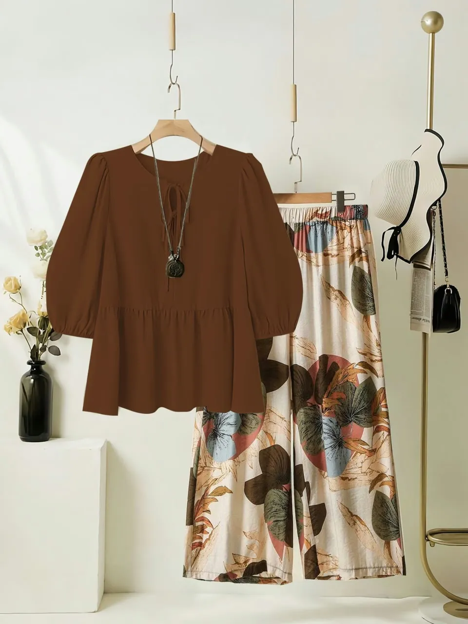 Rayon Peplum Top with Printed Lycra Palazzo Set – 2-Piece Western Casual Co Ord Set with Pockets for Women