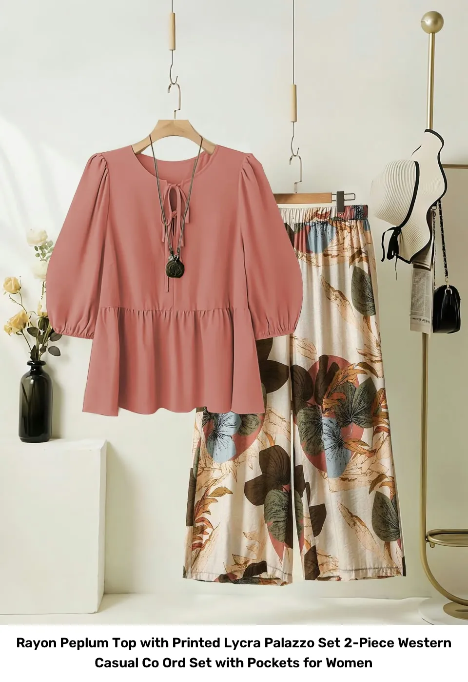 Rayon Peplum Top with Printed Lycra Palazzo Set – 2-Piece Western Casual Co Ord Set with Pockets for Women 2