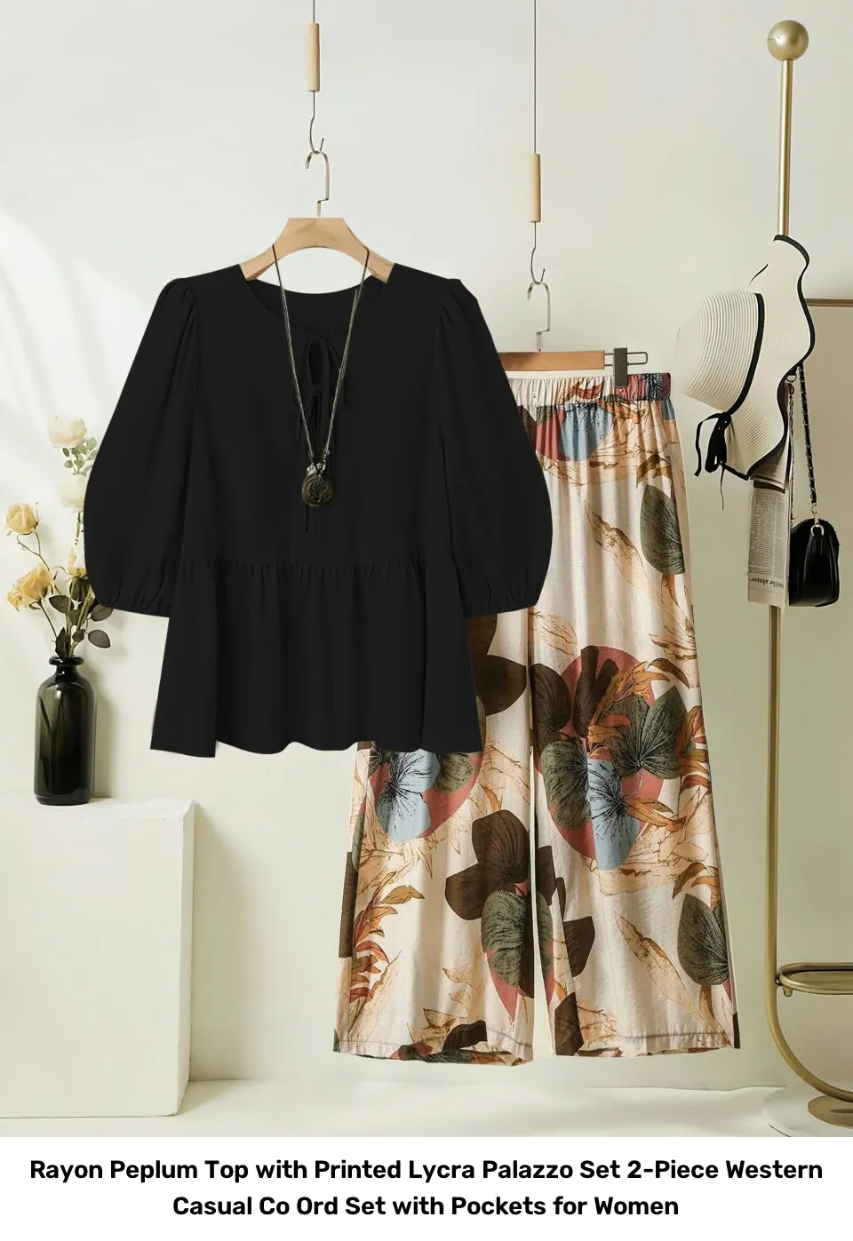 Rayon Peplum Top with Printed Lycra Palazzo Set – 2-Piece Western Casual Co Ord Set with Pockets for Women 3
