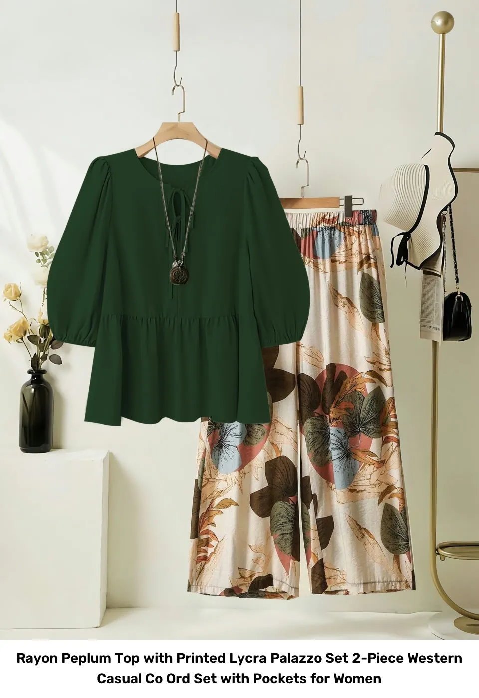 Rayon Peplum Top with Printed Lycra Palazzo Set – 2-Piece Western Casual Co Ord Set with Pockets for Women 4