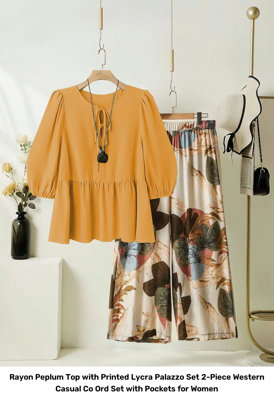 Rayon Peplum Top with Printed Lycra Palazzo Set – 2-Piece Western Casual Co Ord Set with Pockets for Women 5