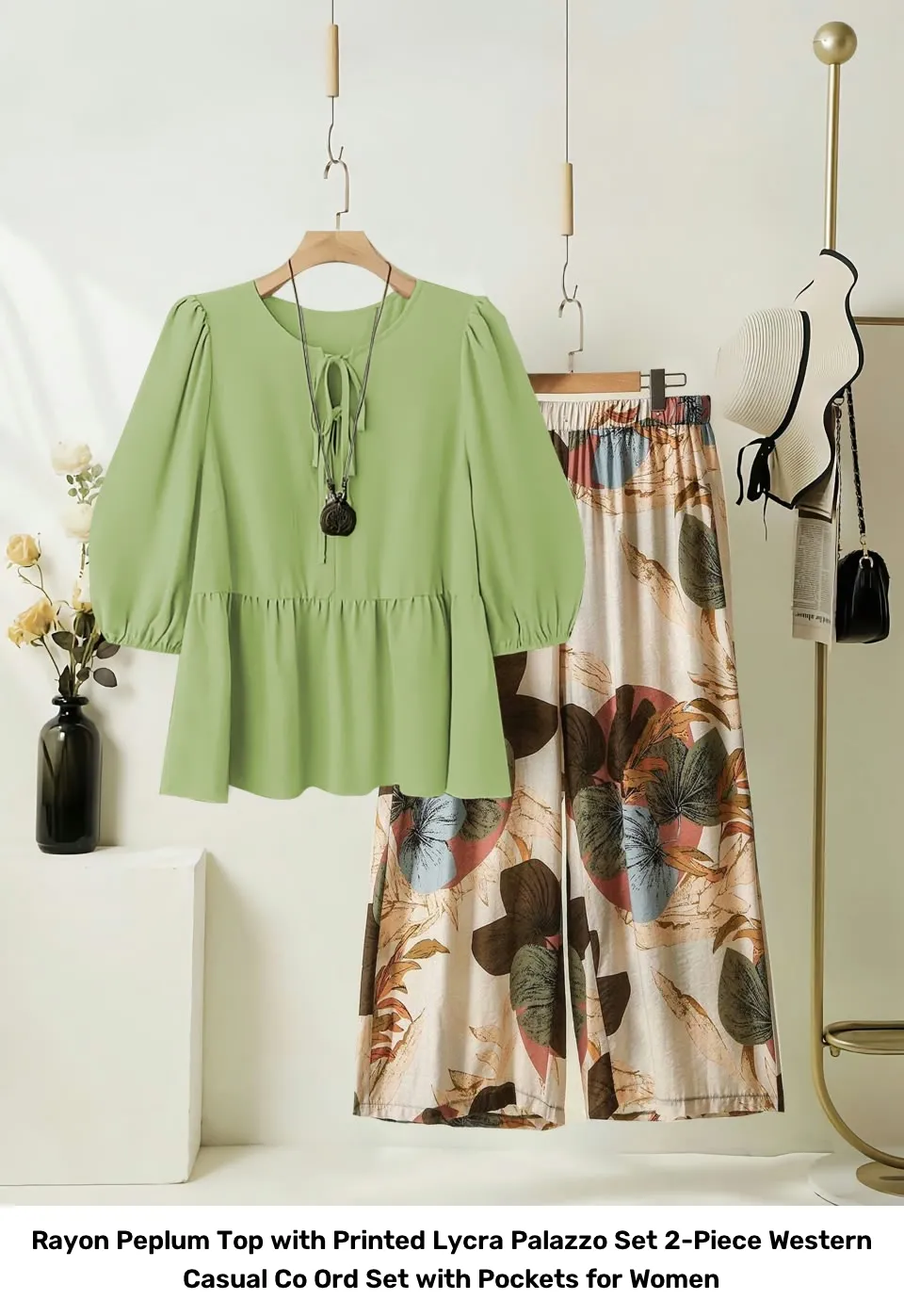 Rayon Peplum Top with Printed Lycra Palazzo Set – 2-Piece Western Casual Co Ord Set with Pockets for Women 6