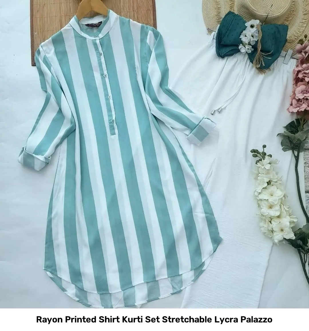 Rayon Printed Shirt Kurti Set Stretchable Lycra Palazzo 10