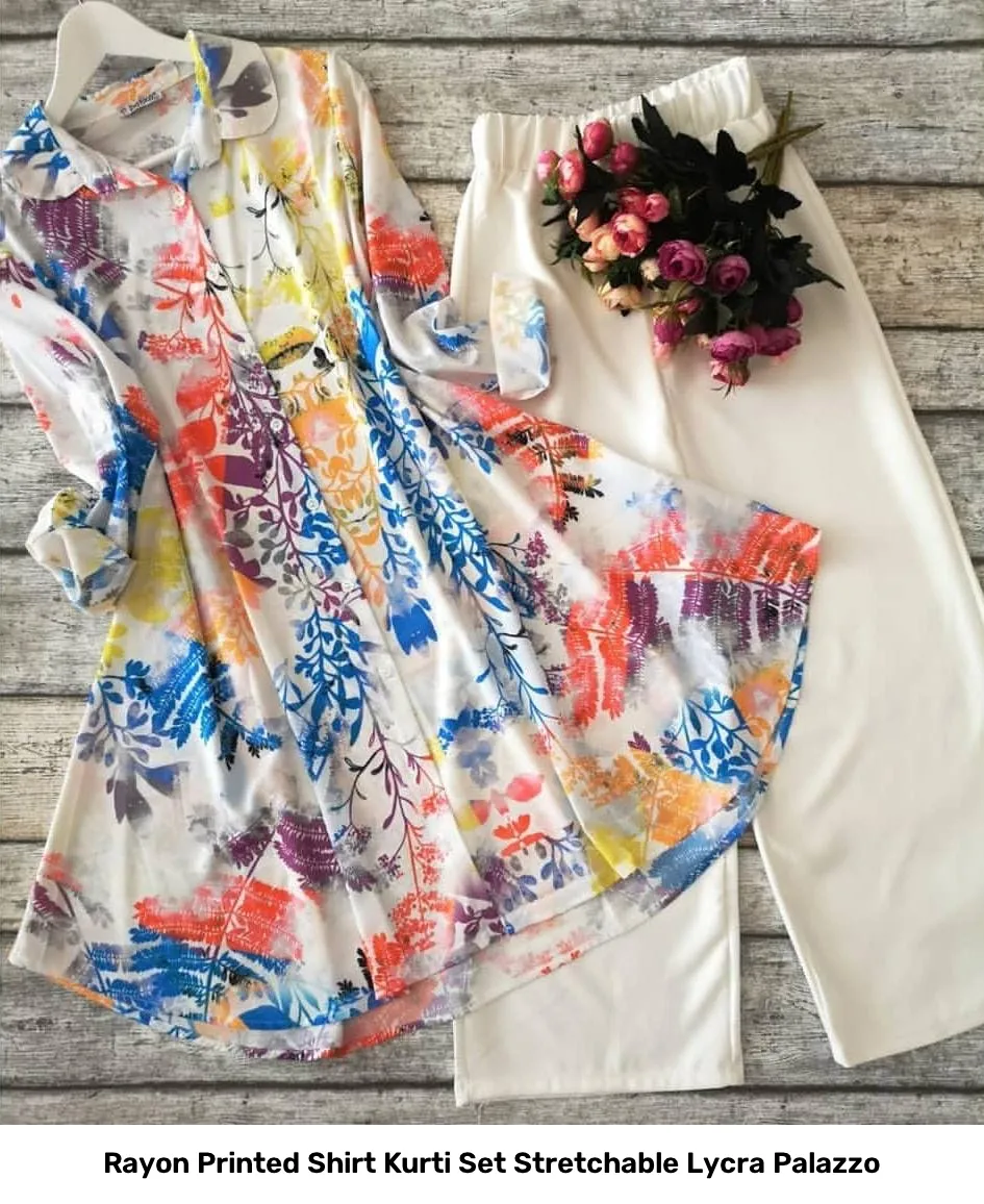 Rayon Printed Shirt Kurti Set Stretchable Lycra Palazzo 11