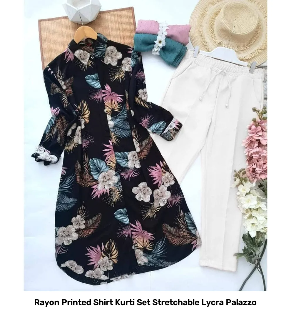 Rayon Printed Shirt Kurti Set Stretchable Lycra Palazzo 15