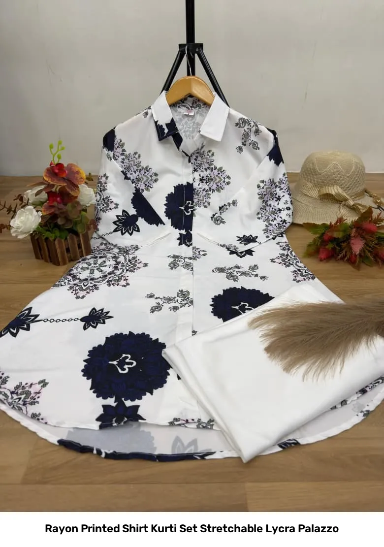 Rayon Printed Shirt Kurti Set Stretchable Lycra Palazzo 18