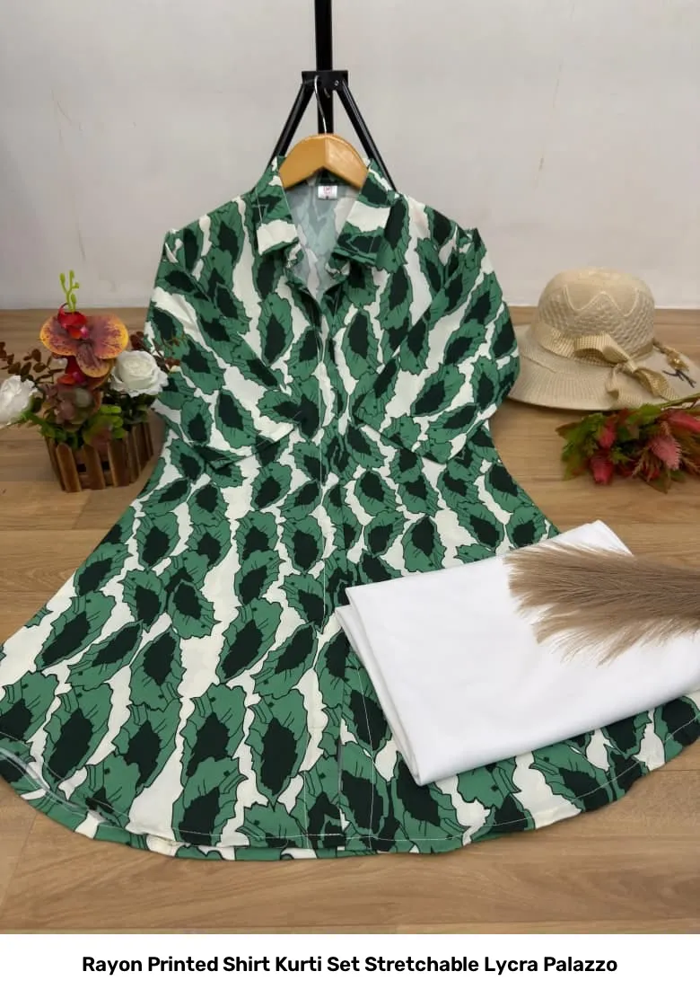 Rayon Printed Shirt Kurti Set Stretchable Lycra Palazzo 21