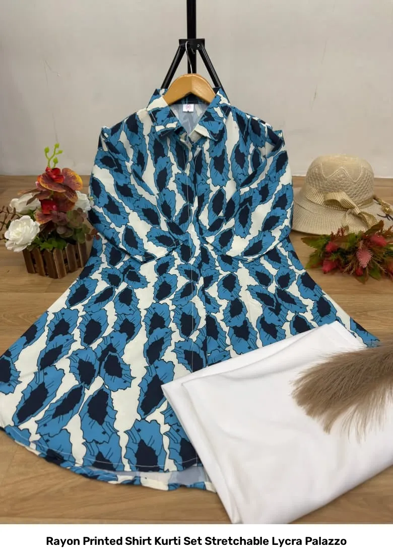 Rayon Printed Shirt Kurti Set Stretchable Lycra Palazzo 22