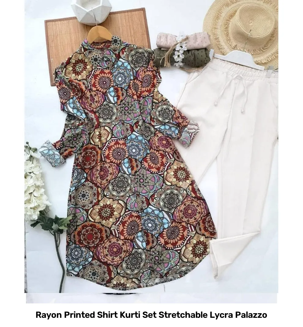 Rayon Printed Shirt Kurti Set Stretchable Lycra Palazzo 23