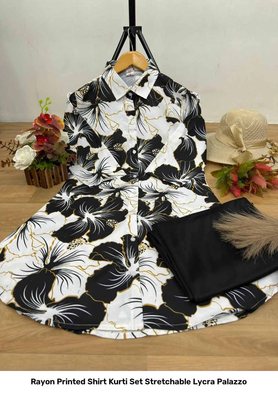 Rayon Printed Shirt Kurti Set Stretchable Lycra Palazzo 25