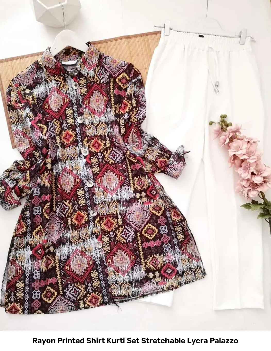 Rayon Printed Shirt Kurti Set Stretchable Lycra Palazzo 26