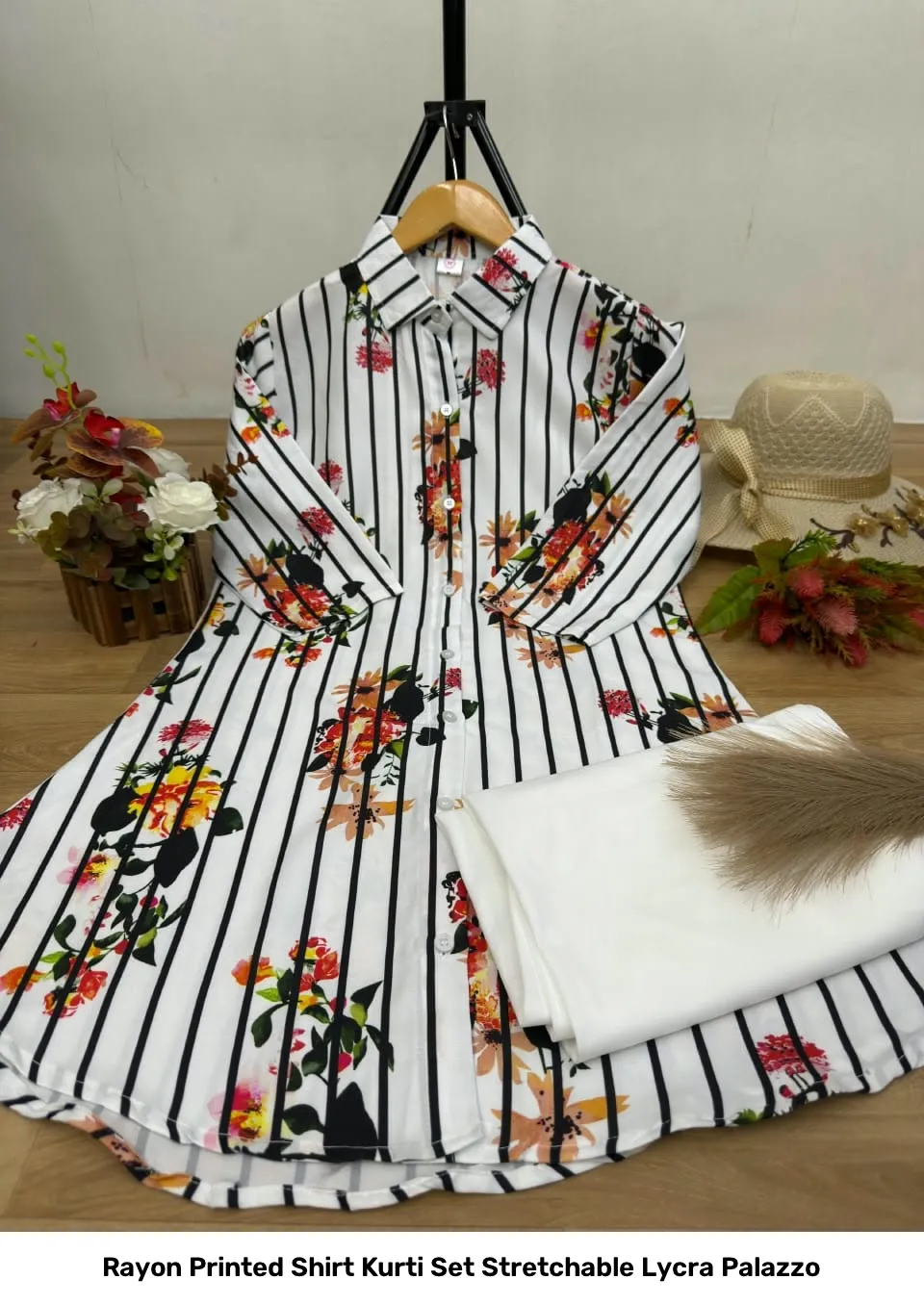 Rayon Printed Shirt Kurti Set Stretchable Lycra Palazzo 27