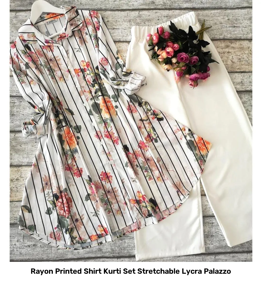 Rayon Printed Shirt Kurti Set Stretchable Lycra Palazzo 29