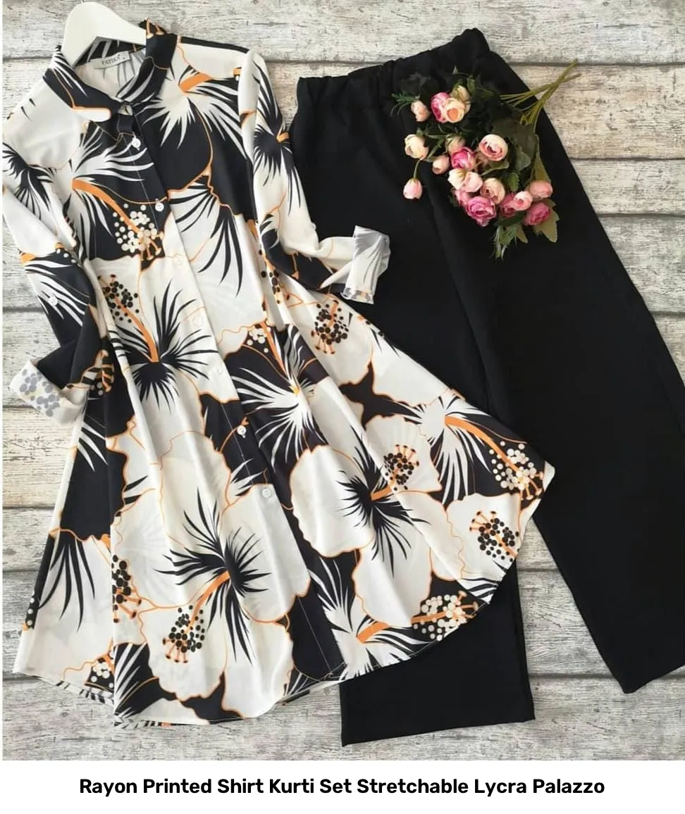 Rayon Printed Shirt Kurti Set Stretchable Lycra Palazzo 32