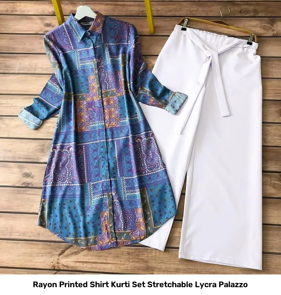 Rayon Printed Shirt Kurti Set Stretchable Lycra Palazzo 33