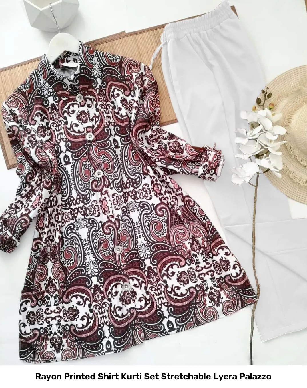 Rayon Printed Shirt Kurti Set Stretchable Lycra Palazzo 35