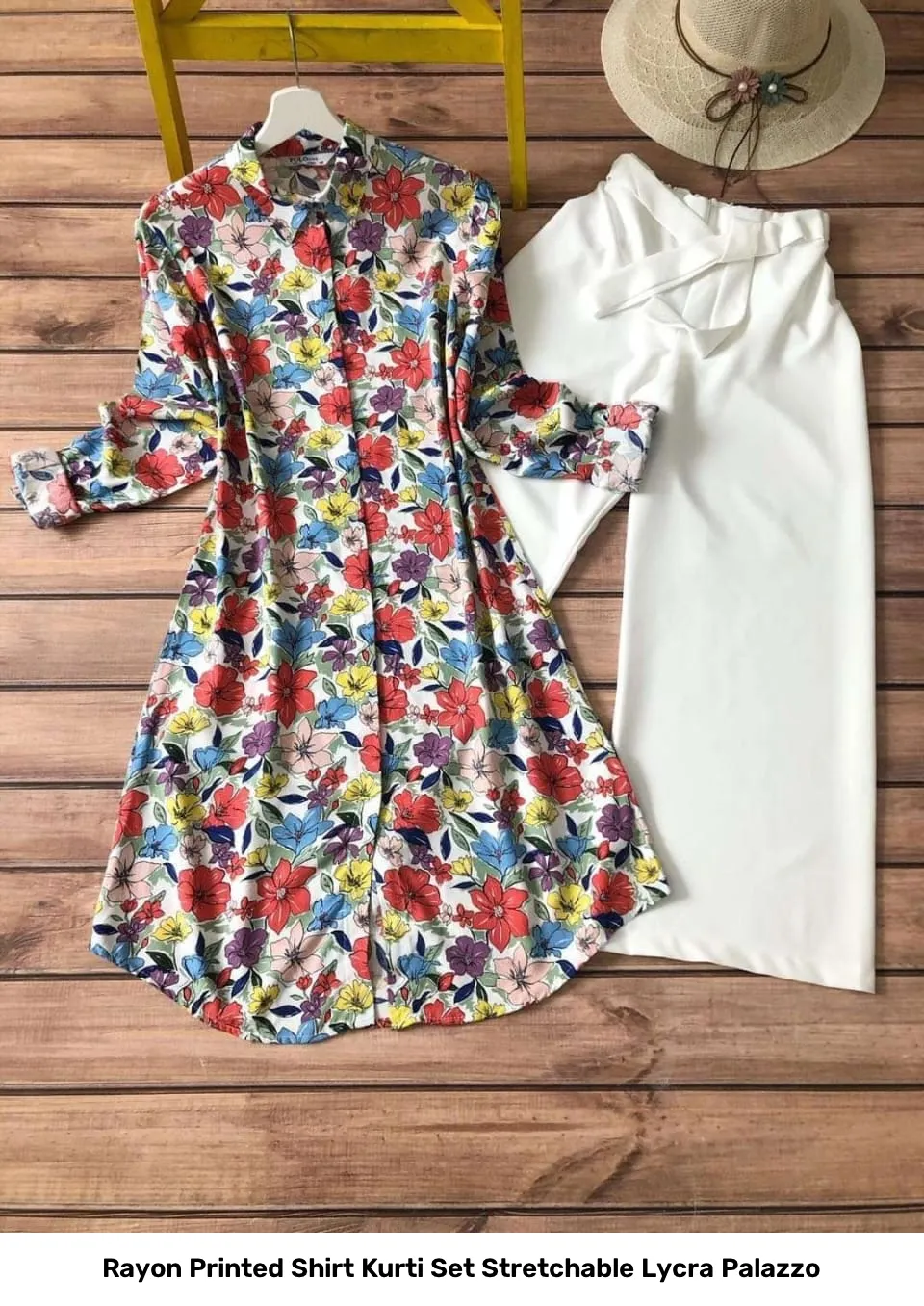 Rayon Printed Shirt Kurti Set Stretchable Lycra Palazzo 37