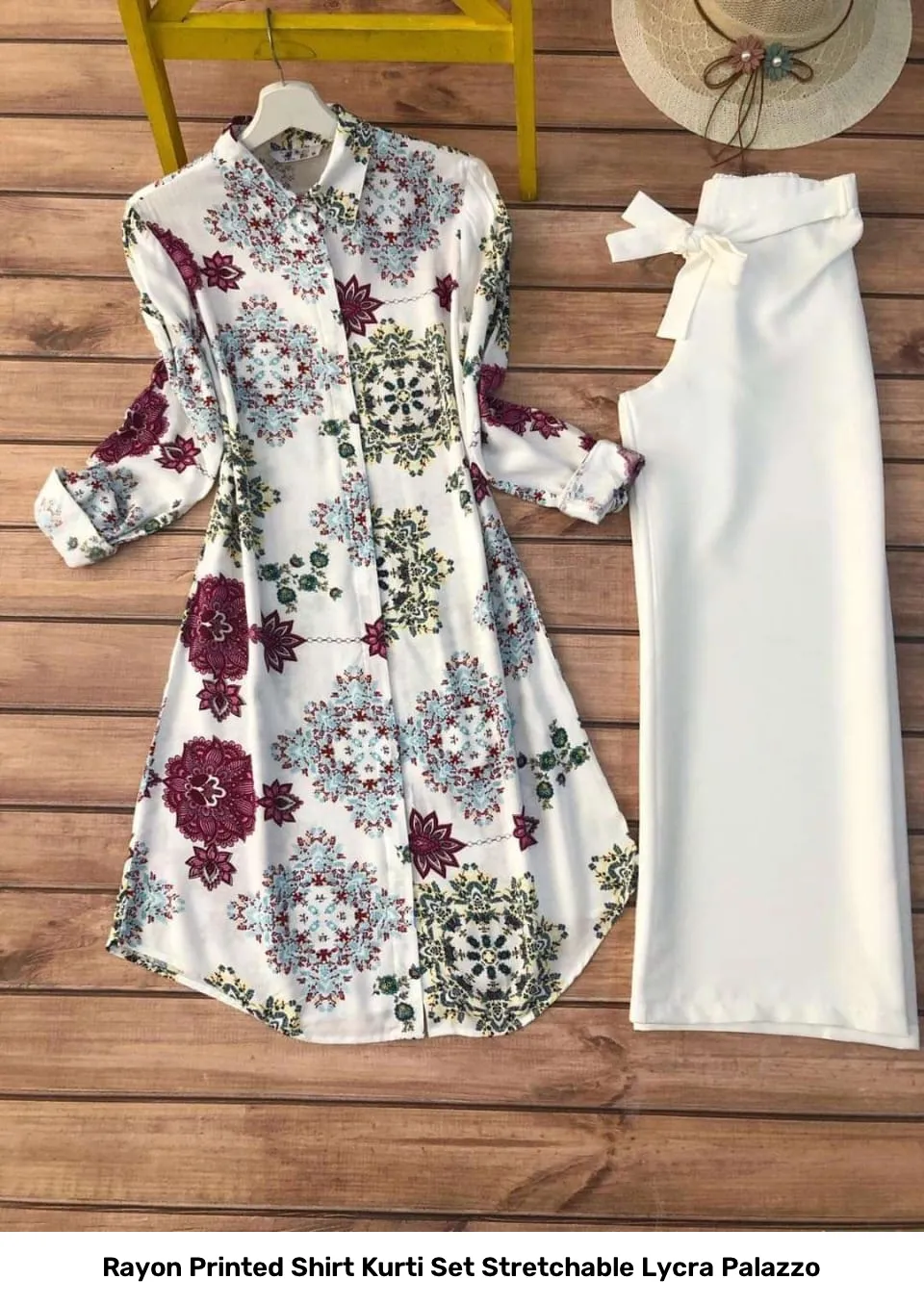 Rayon Printed Shirt Kurti Set Stretchable Lycra Palazzo 38
