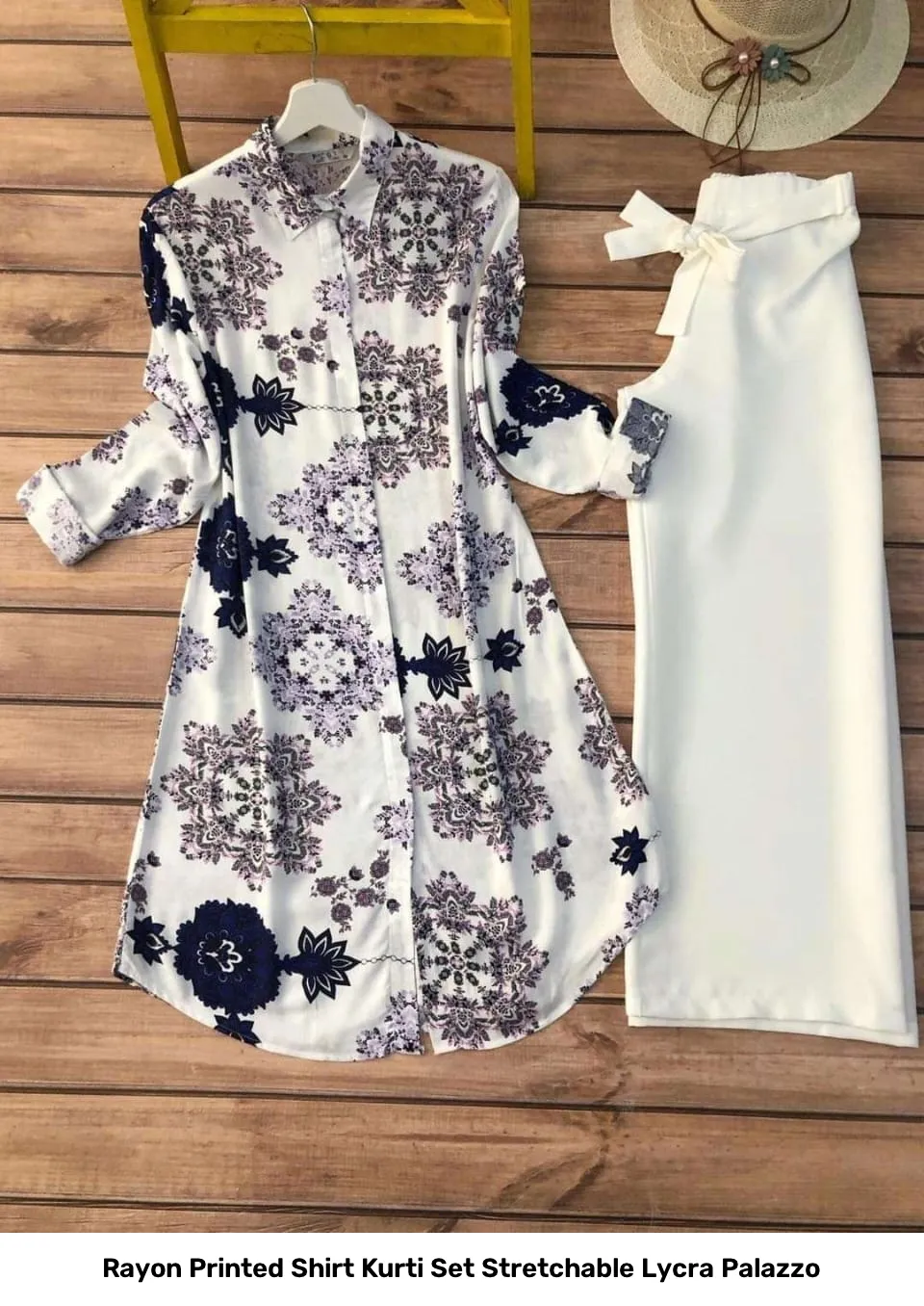 Rayon Printed Shirt Kurti Set Stretchable Lycra Palazzo 4