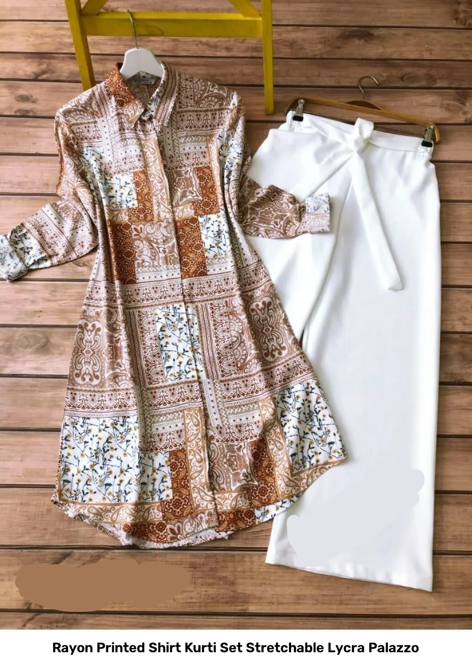 Rayon Printed Shirt Kurti Set Stretchable Lycra Palazzo 42