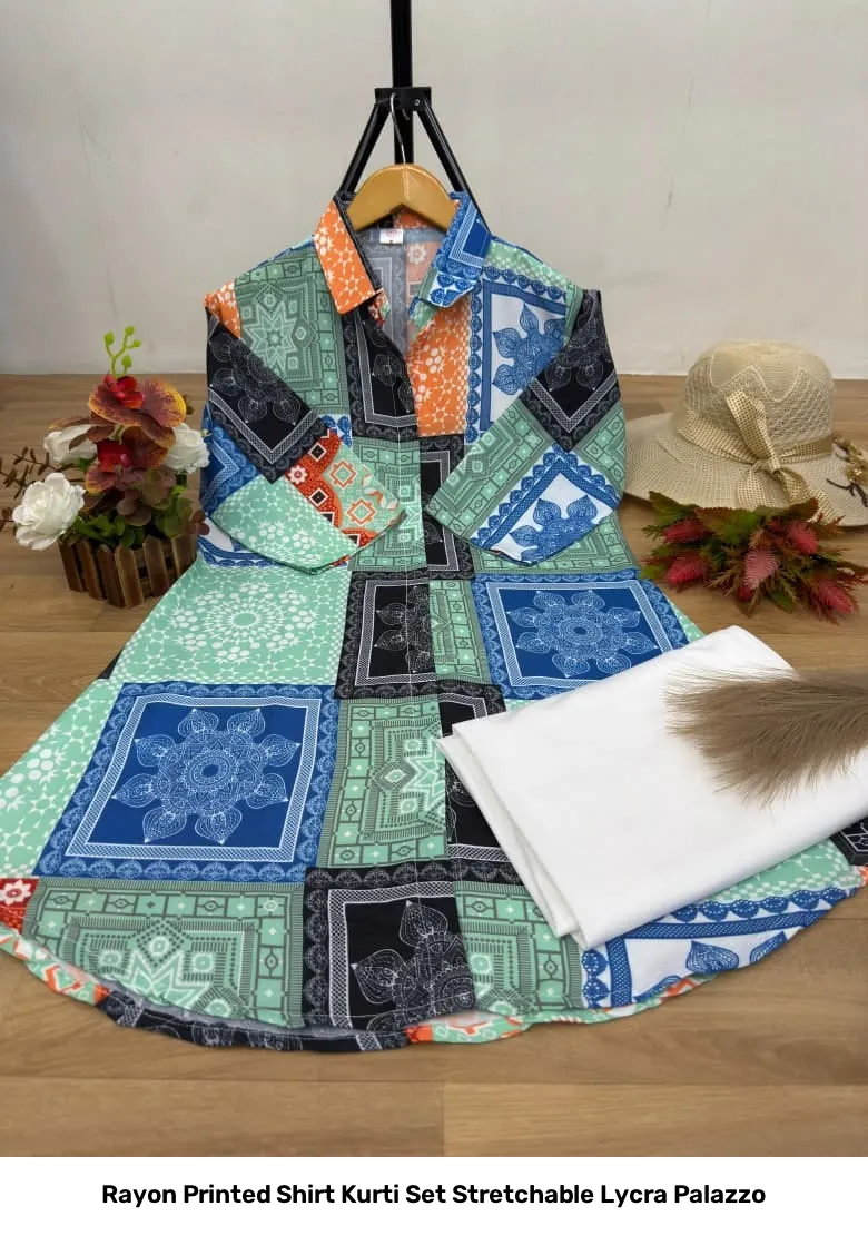 Rayon Printed Shirt Kurti Set Stretchable Lycra Palazzo 44