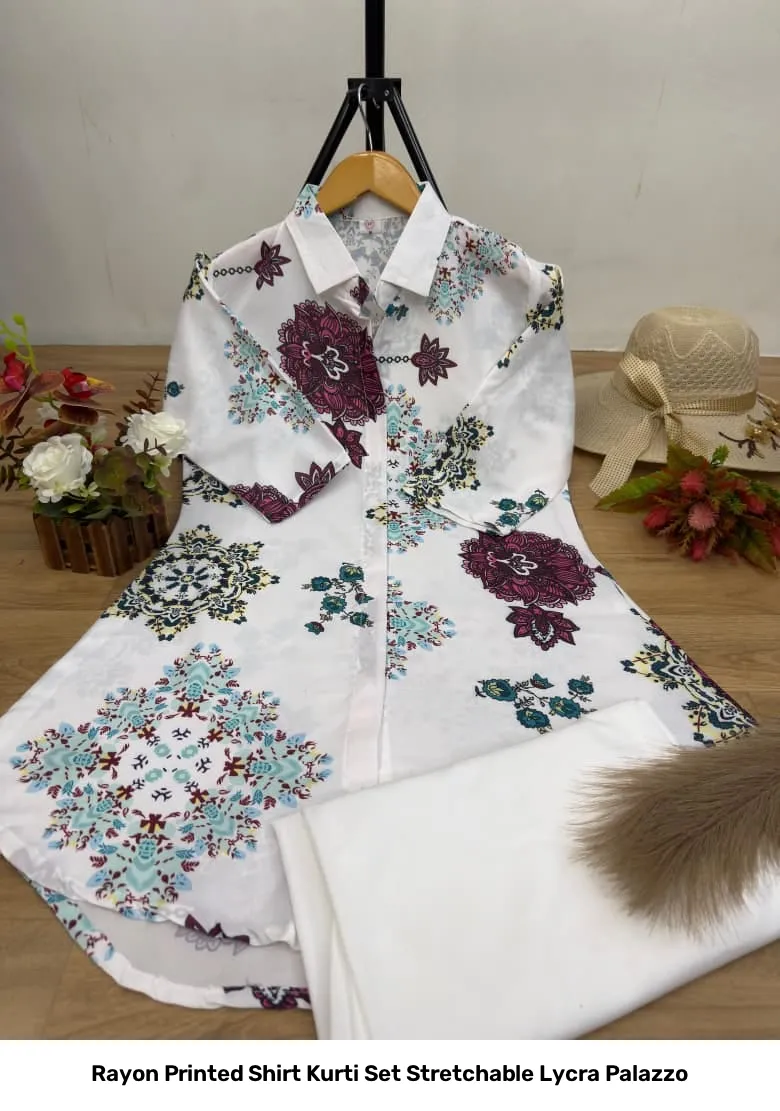 Rayon Printed Shirt Kurti Set Stretchable Lycra Palazzo 45