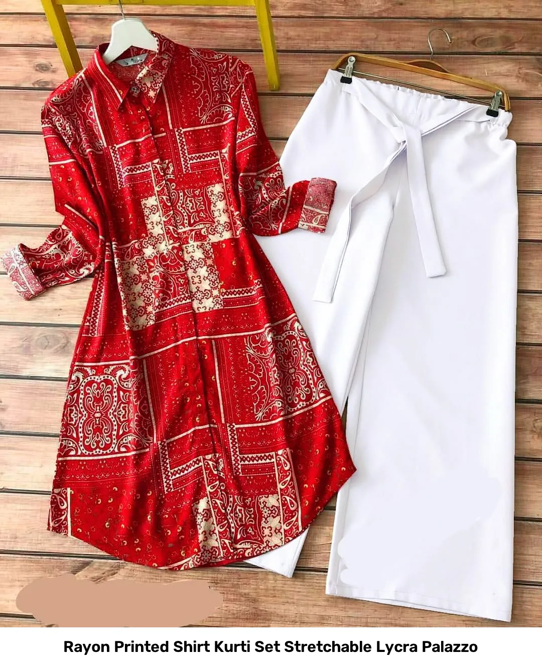 Rayon Printed Shirt Kurti Set Stretchable Lycra Palazzo 46
