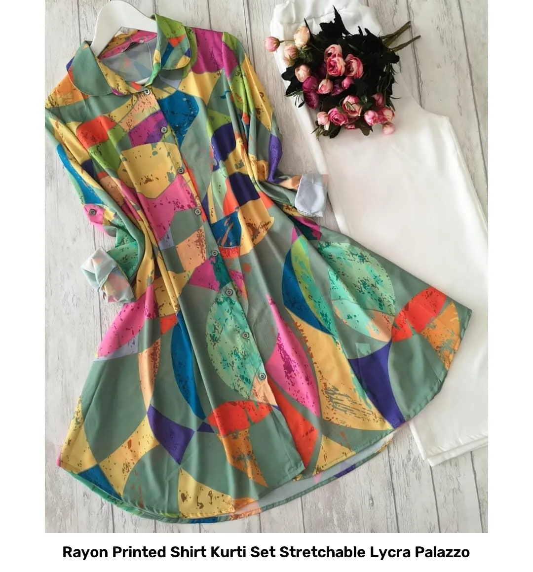 Rayon Printed Shirt Kurti Set Stretchable Lycra Palazzo 47