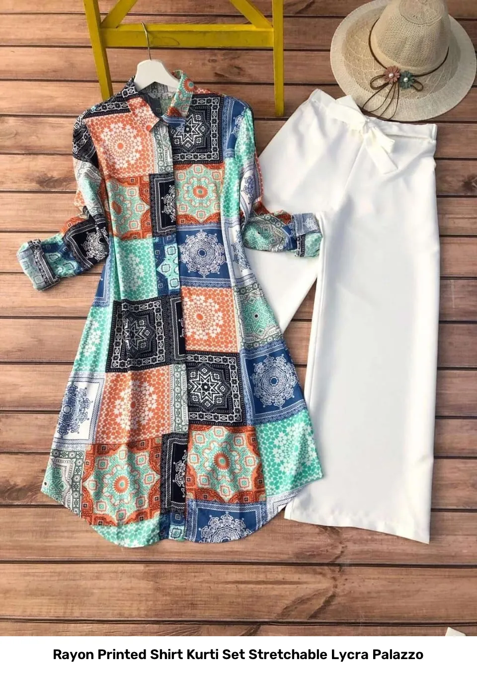 Rayon Printed Shirt Kurti Set Stretchable Lycra Palazzo 48