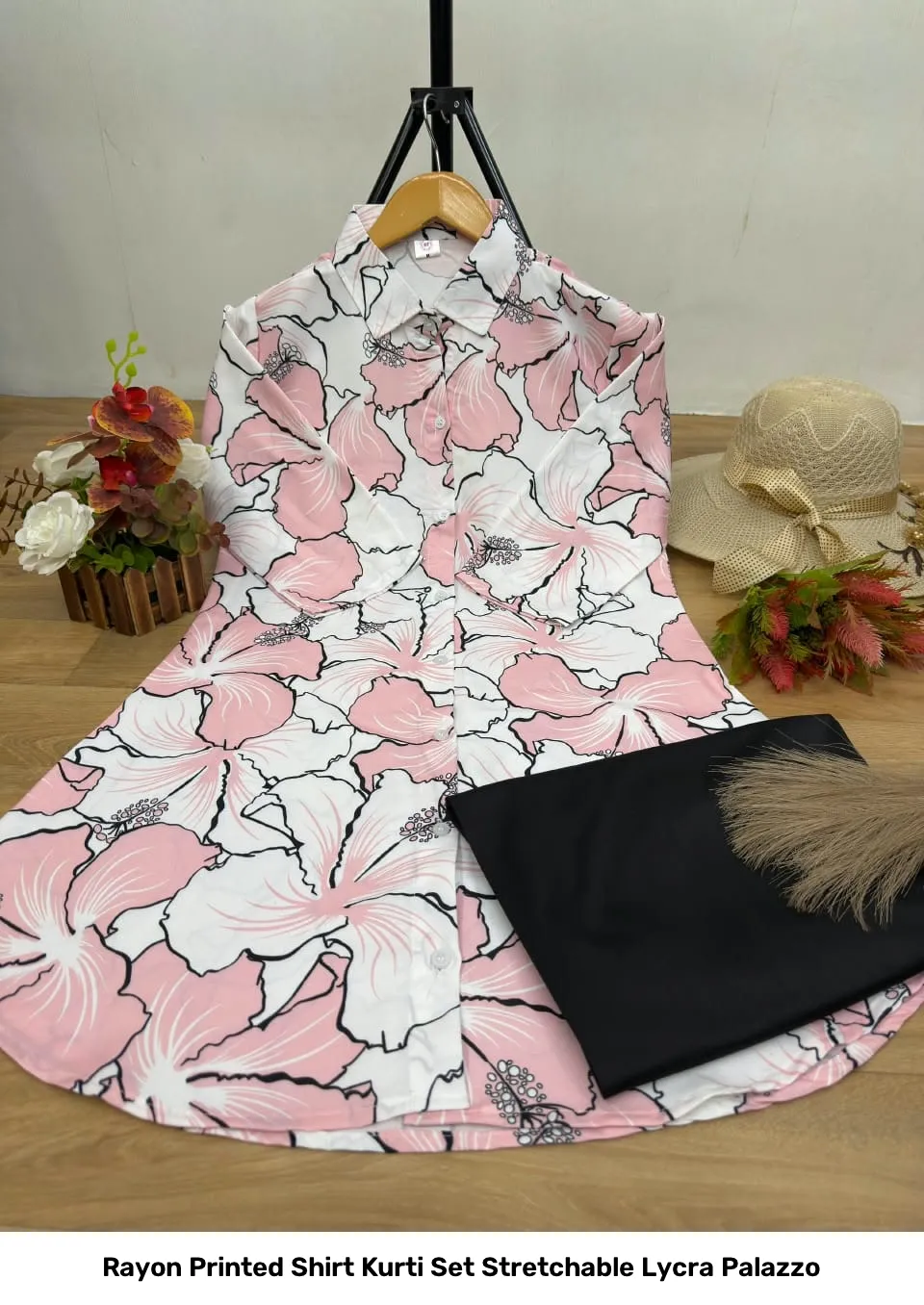 Rayon Printed Shirt Kurti Set Stretchable Lycra Palazzo 49