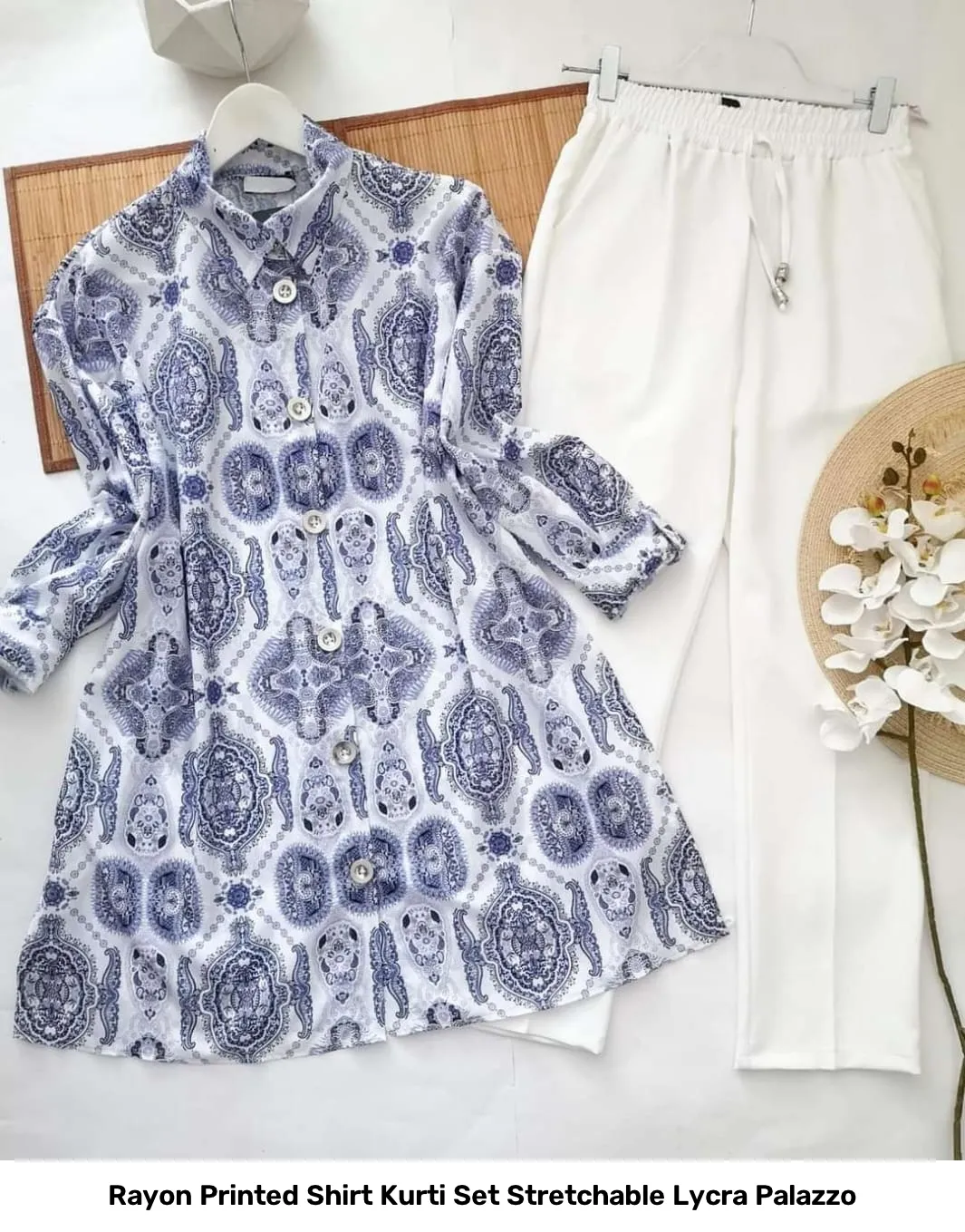 Rayon Printed Shirt Kurti Set Stretchable Lycra Palazzo 51