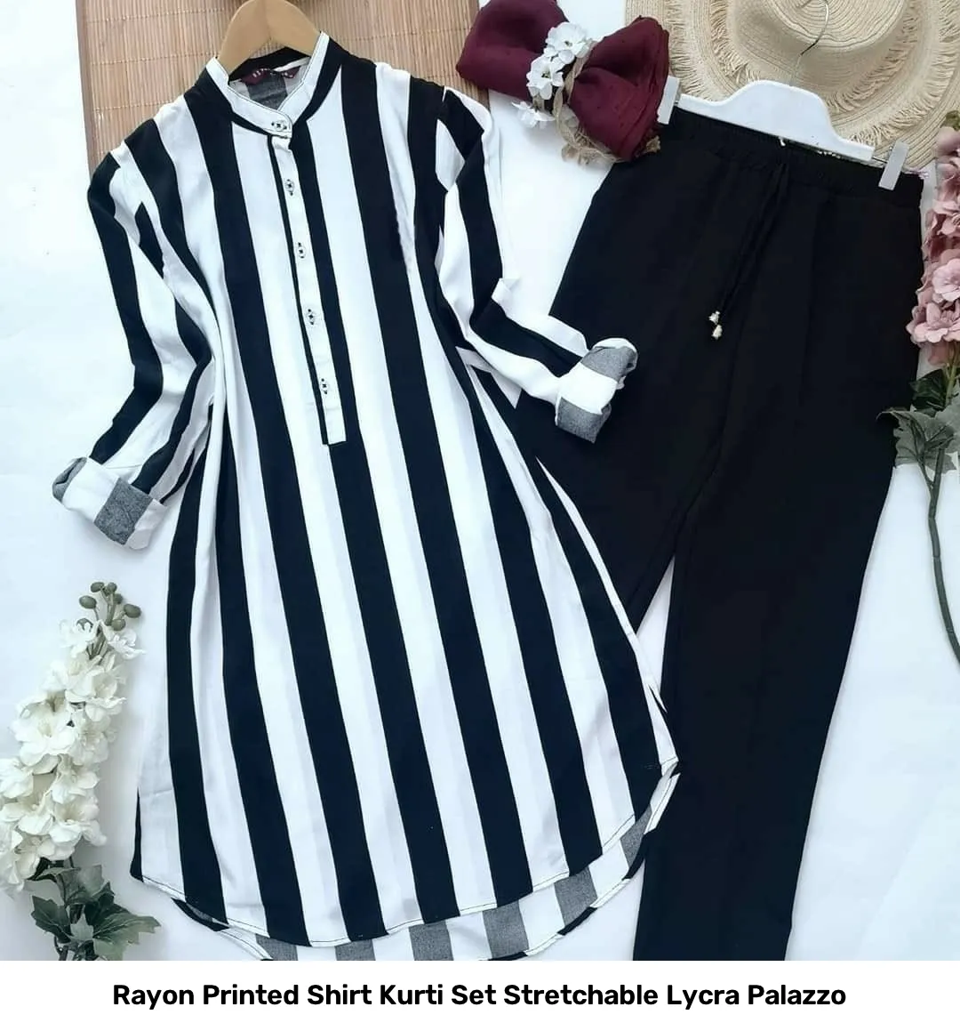 Rayon Printed Shirt Kurti Set Stretchable Lycra Palazzo 6