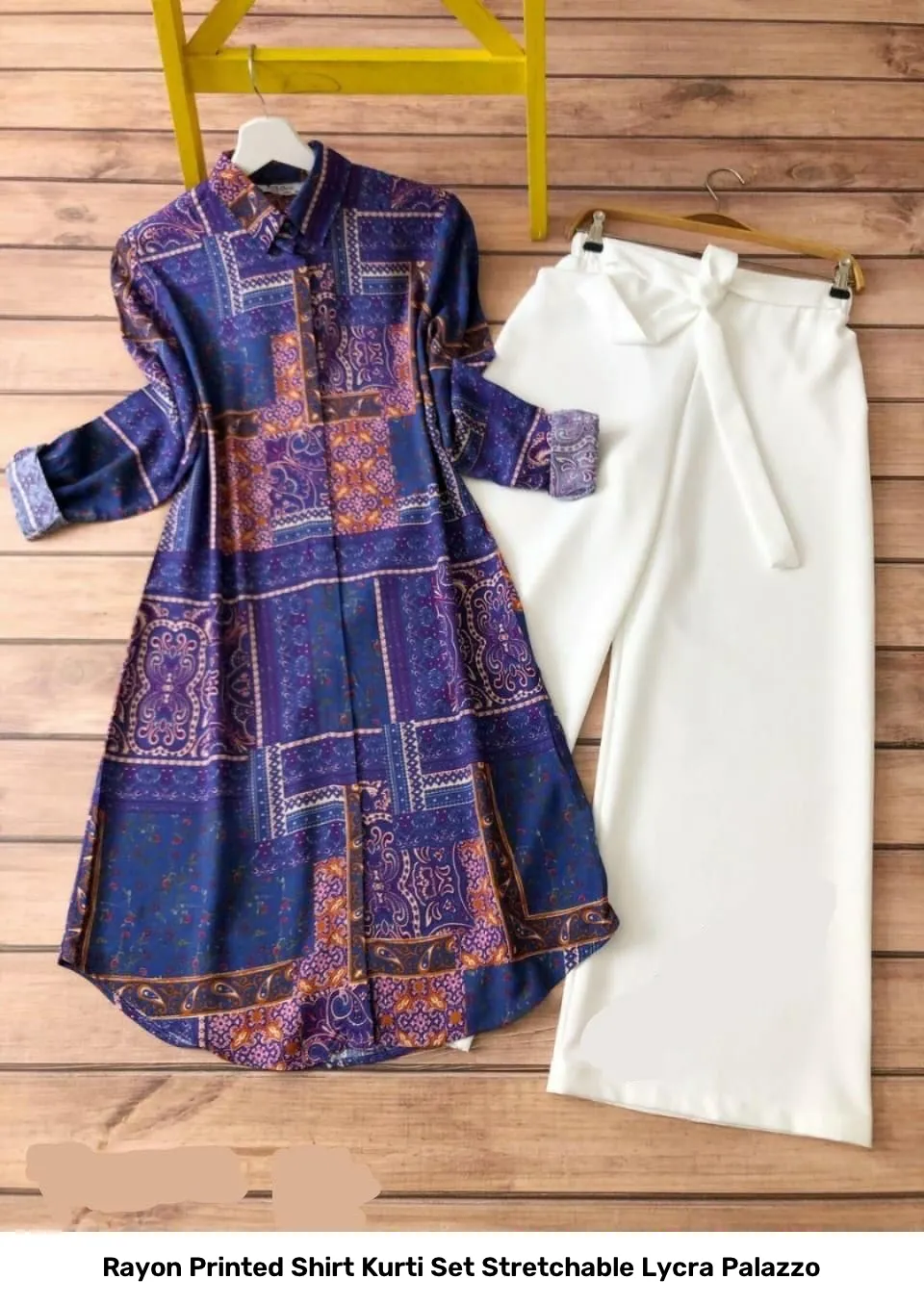 Rayon Printed Shirt Kurti Set Stretchable Lycra Palazzo 7