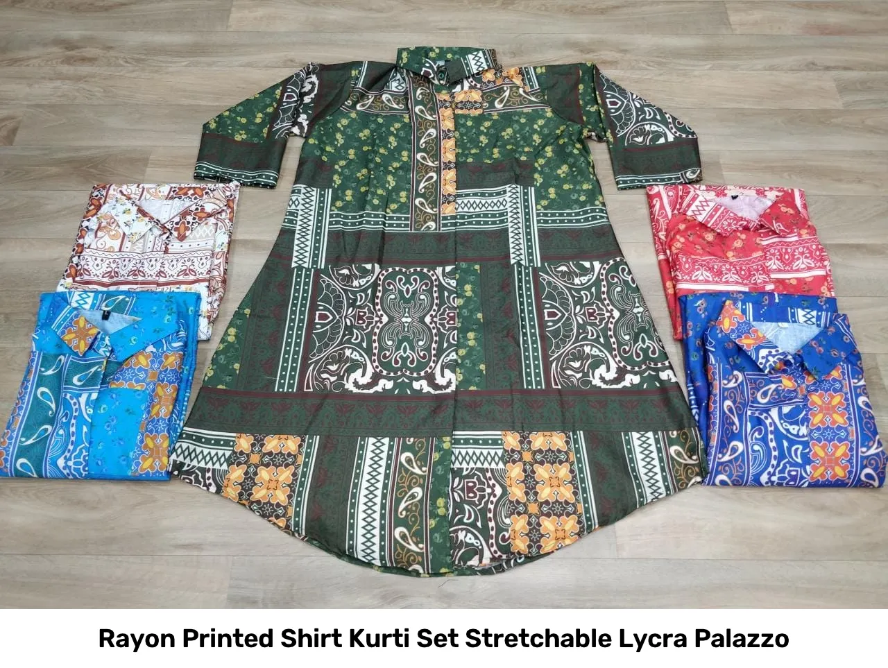 Rayon Printed Shirt Kurti Set Stretchable Lycra Palazzo 9