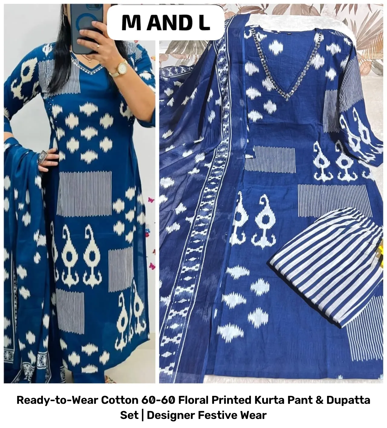 Ready-to-Wear Cotton 60-60 Floral Printed Kurta Pant & Dupatta Set | Designer Festive Wear 10