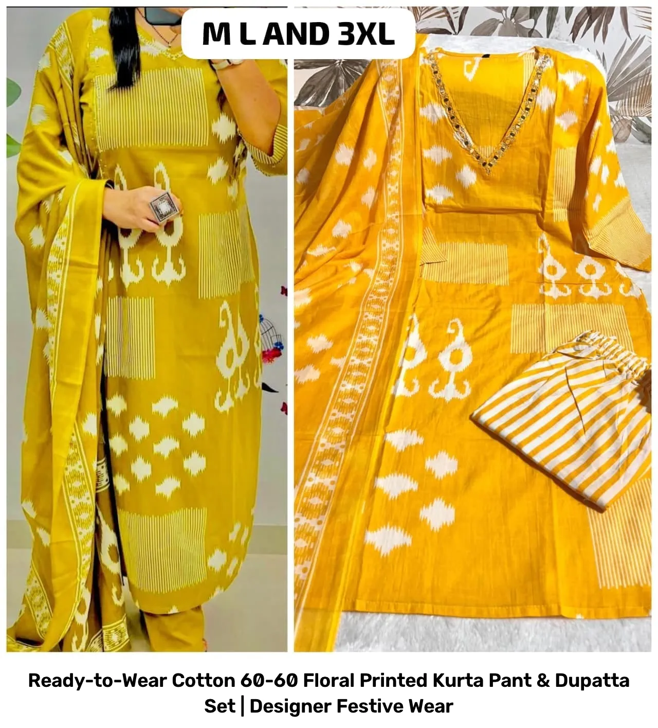 Ready-to-Wear Cotton 60-60 Floral Printed Kurta Pant & Dupatta Set | Designer Festive Wear 12