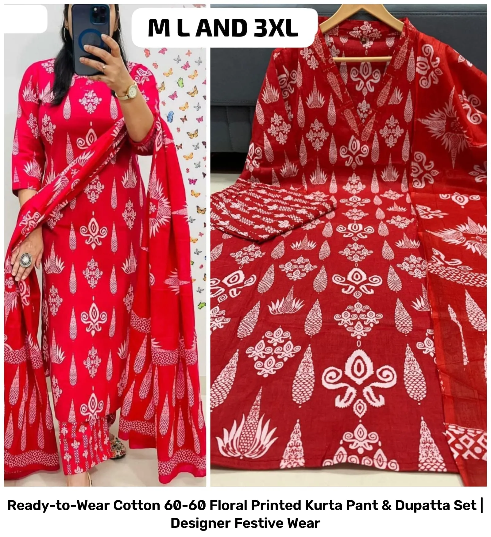 Ready-to-Wear Cotton 60-60 Floral Printed Kurta Pant & Dupatta Set | Designer Festive Wear 15